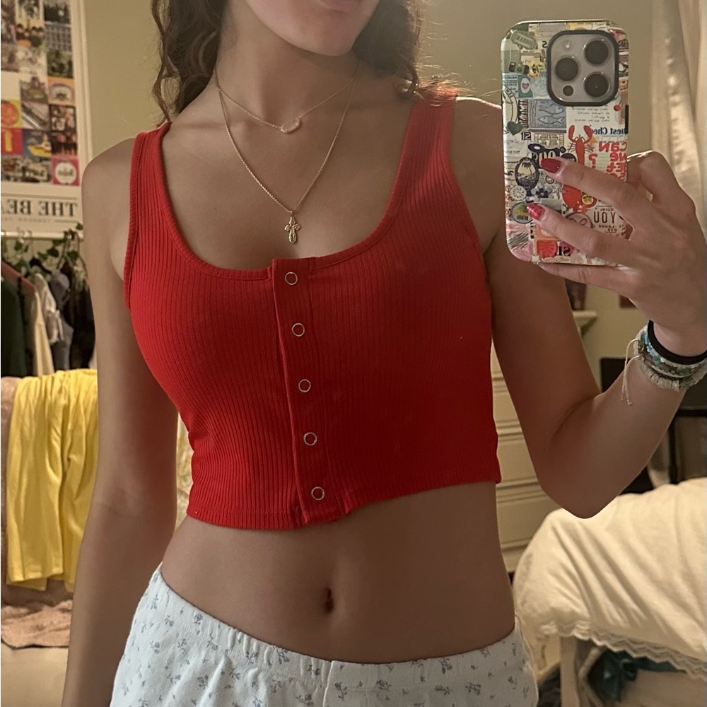 Red Button-Front Ribbed Crop Top